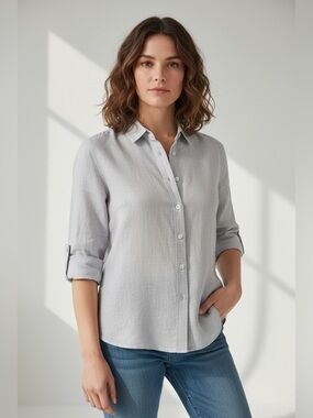 Chicos Women’s Size 4/6 (0) Non Iron Roll Tab Sleeve Gray Linen Button Up Shirt